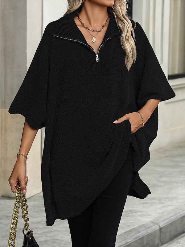 Olivia | Zip Collar Knit Sweater Poncho