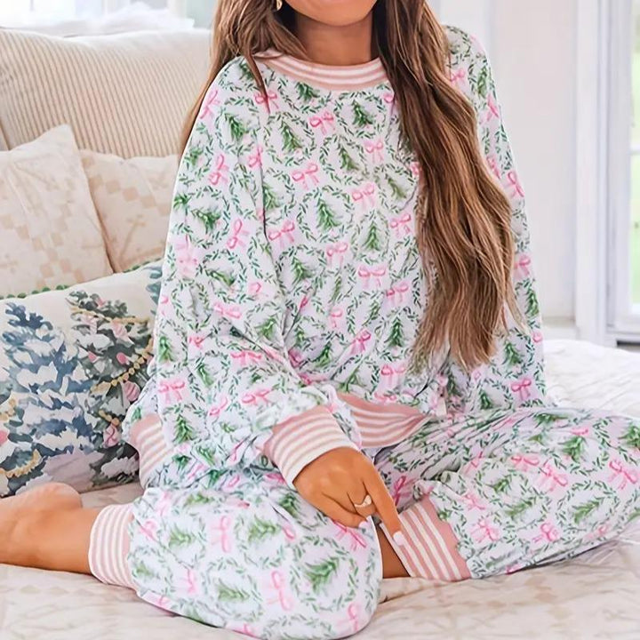 AUBREY™ - Cozy Christmas Bow Print Pyjama Set