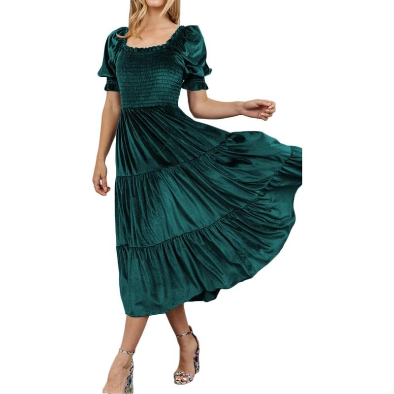AUDREY™ - Square Neck Puff Sleeve A-Line Midi Dress for All Occasions